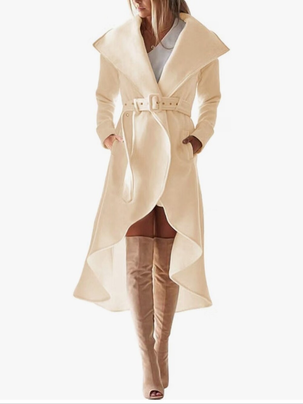 Full Length Belted High-Low Cream Trench Coat Large